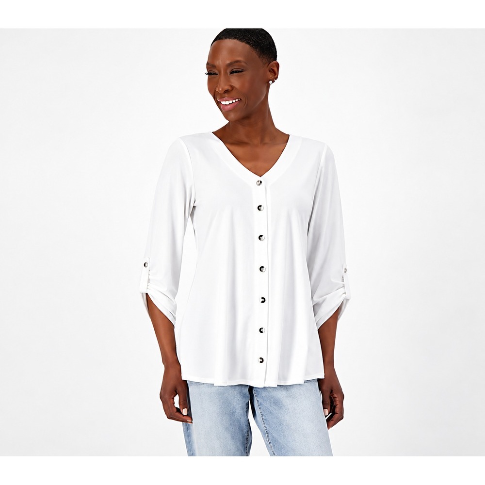 Susan Graver Liquid Knit V-Neck Button Trimmed Roll Tab Top Ivory, XXS
